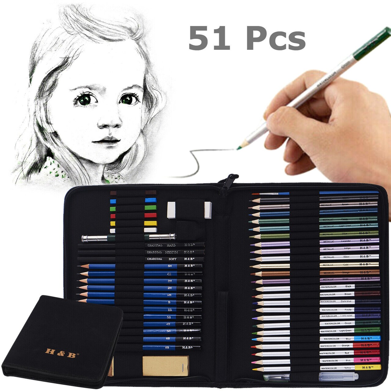 51-Piece Professional Drawing Set with Pencils, Sketch Charcoal, and Art Bag